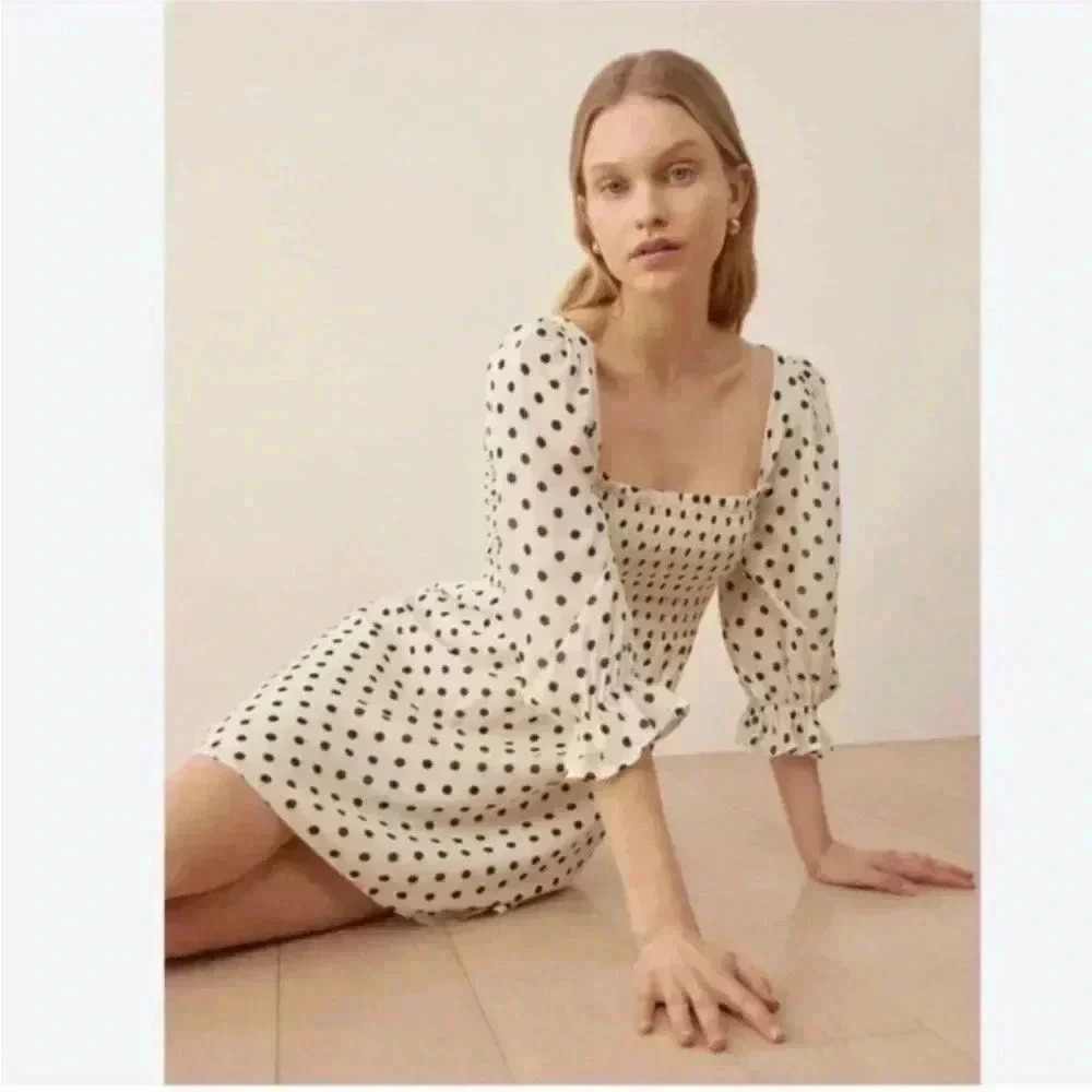 New with tags Reformation Zaria Smocked Bodice Polka Dot Mini Dress - Picture 7 of 9